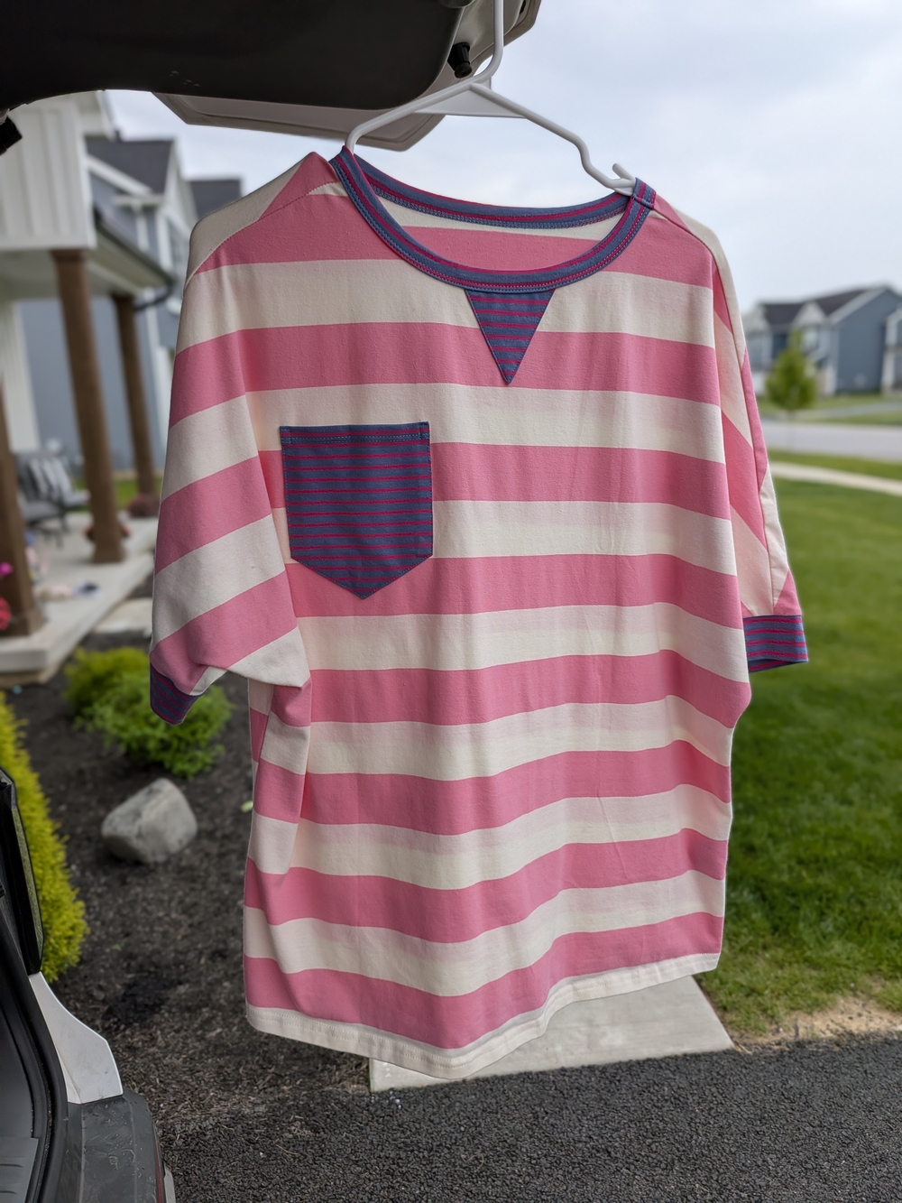 Pink and Cream Striped Short Sleeve Tee with Purple Accent Pocket